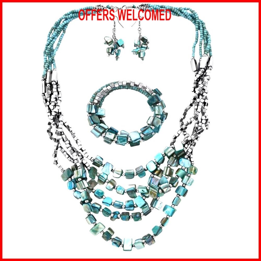 Stainless Steel Beaded Jewelry Set with Bracelet Earrings Necklace